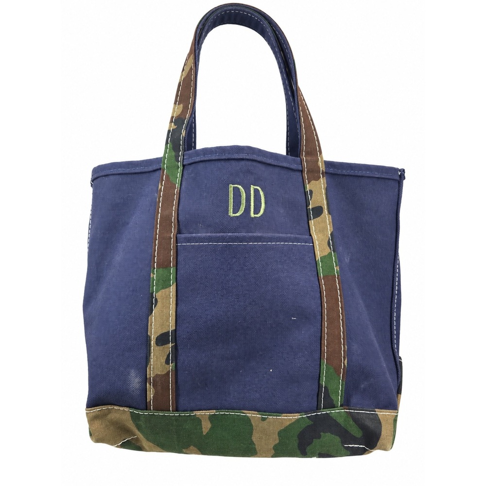 LL Bean Boat and Tote Bag Navy Blue Camo Trim Monogram DD Canvas USA Made Medium